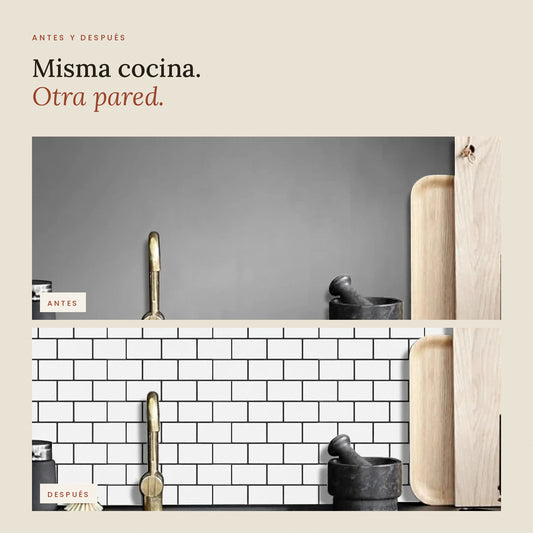 Antes y después de un salpicadero de cocina con azulejo adhesivo estilo metro