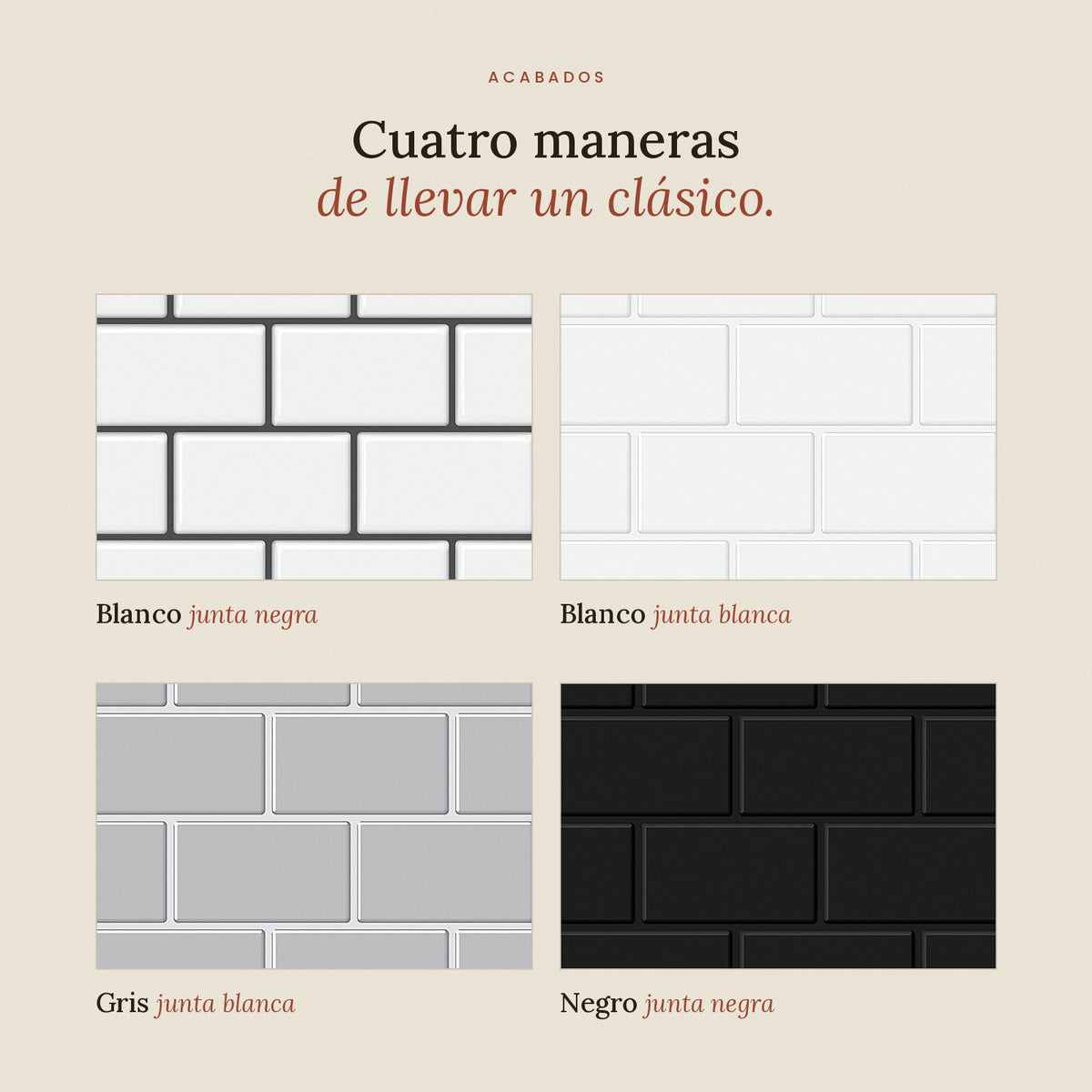 Cuatro acabados de azulejo metro adhesivo: blanco con junta negra, blanco, gris y negro