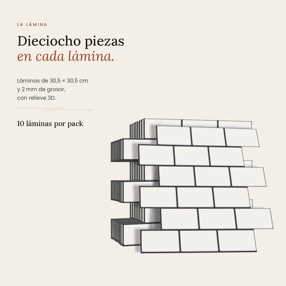 Lámina de azulejo adhesivo estilo metro de 30,5 × 30,5 cm con relieve 3D