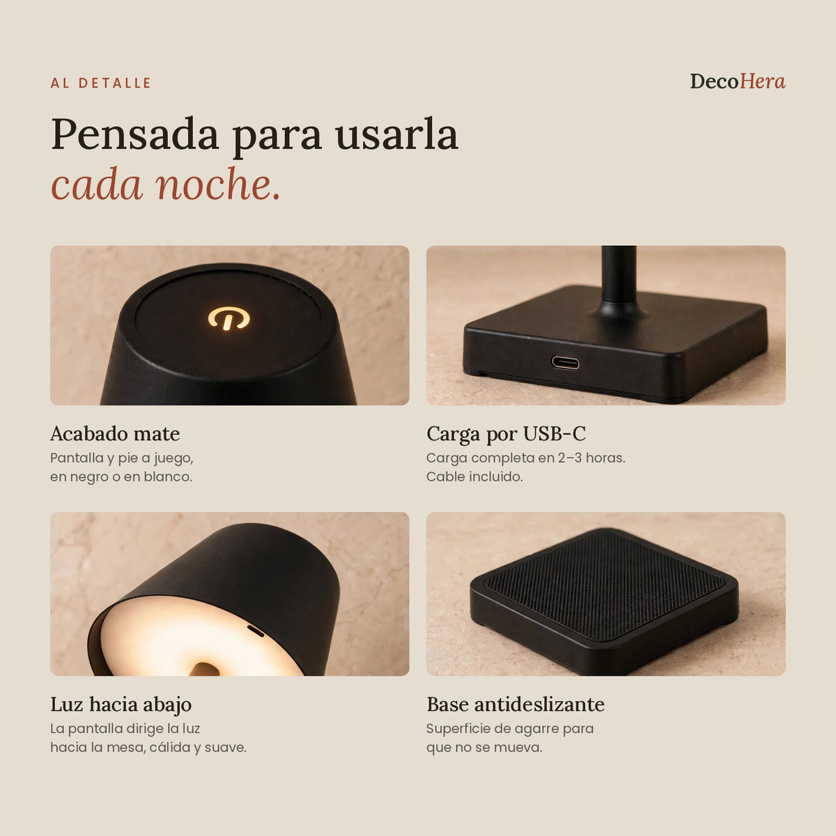 Detalles de la lámpara LED portátil: acabado mate, puerto de carga USB-C, luz dirigida hacia abajo y base antideslizante