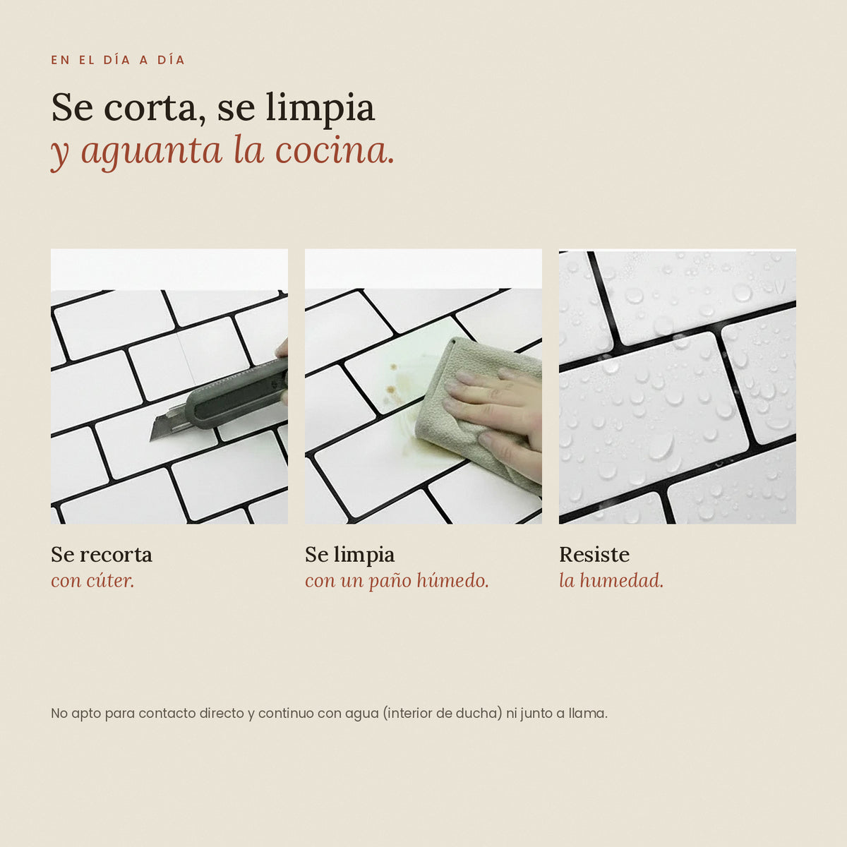 Azulejo adhesivo estilo metro recortado con cúter, limpiado con paño y resistente a la humedad