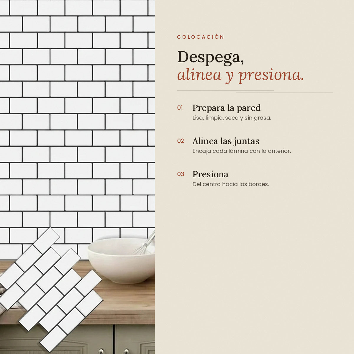 Láminas de azulejo metro adhesivo sobre encimera de cocina y pasos de colocación