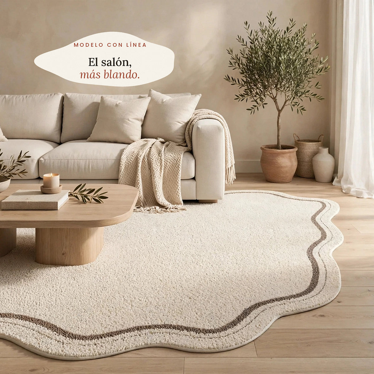Alfombra crema con línea marrón en salón mediterráneo