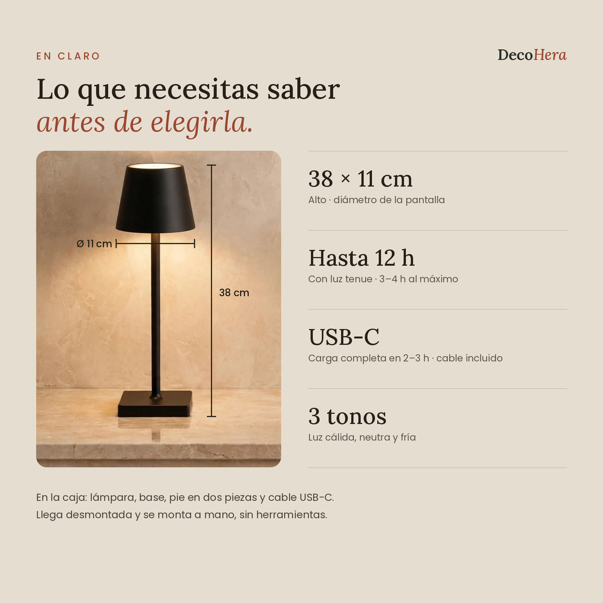Medidas de la lámpara LED portátil: 38 cm de alto y 11 cm de diámetro de pantalla, hasta 12 horas de luz tenue, carga USB-C y 3 tonos de luz
